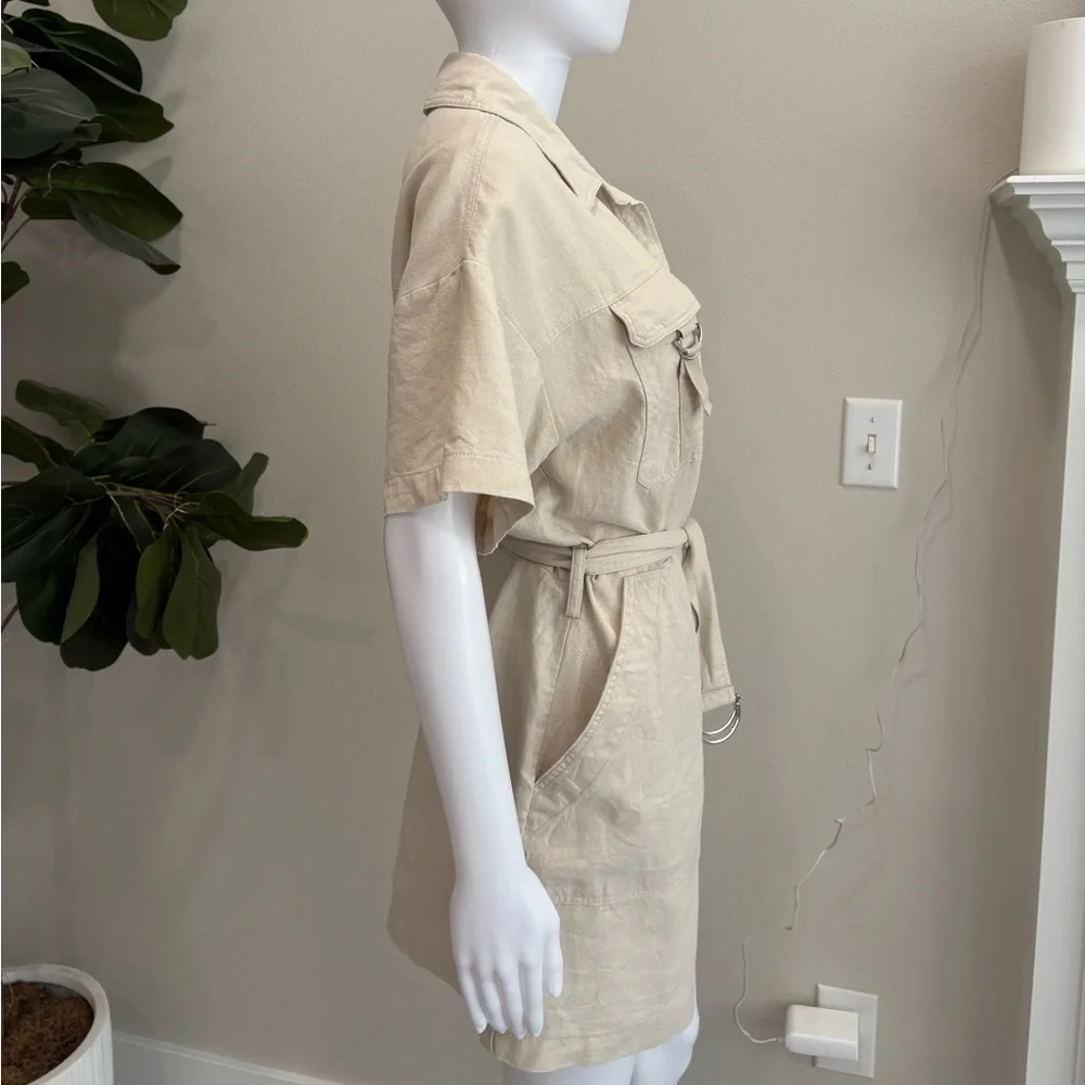 Zara Linen Blend Button Down Shirt Romper Size Large Cargo Pocket Utility Belted